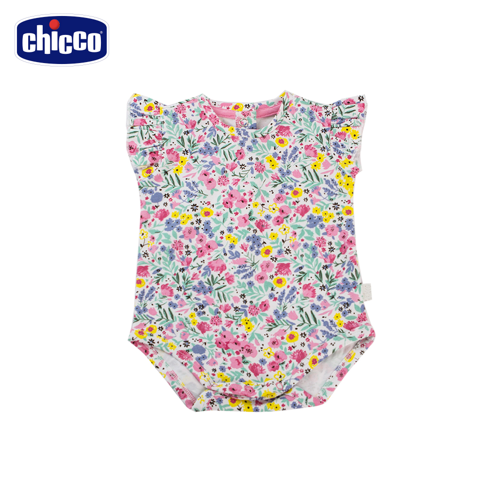 chicco-To Be Baby-荷葉袖條紋連身衣-粉花朵(6-24個月)