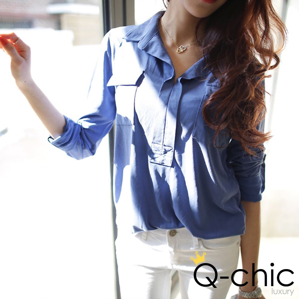 設計感立體領反摺袖襯衫 (共二色)-Q-chic