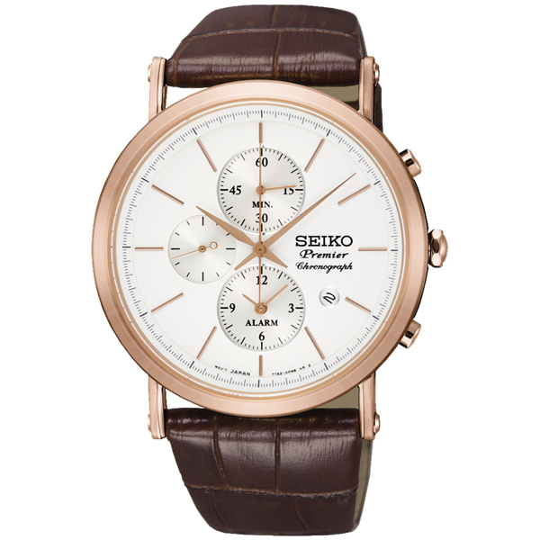 SEIKO 精工Premier 情人限定三眼腕錶(SNAF82J1)-銀x咖啡/41mm