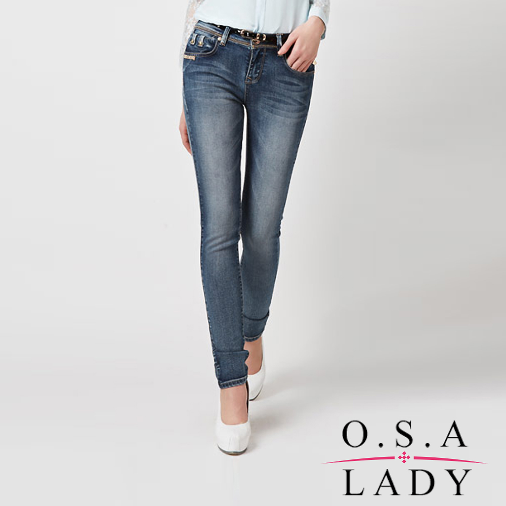 O.S.A LADY 撞色車縫線磨白刷色窄管褲 (藍色)