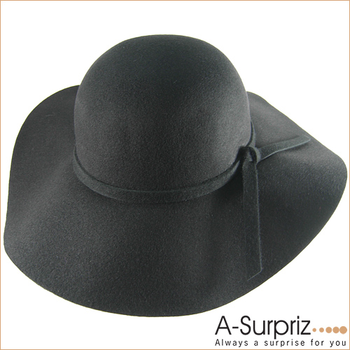 A-Surpriz氣質佳人蝴蝶結純羊毛大簷帽(奢華黑)