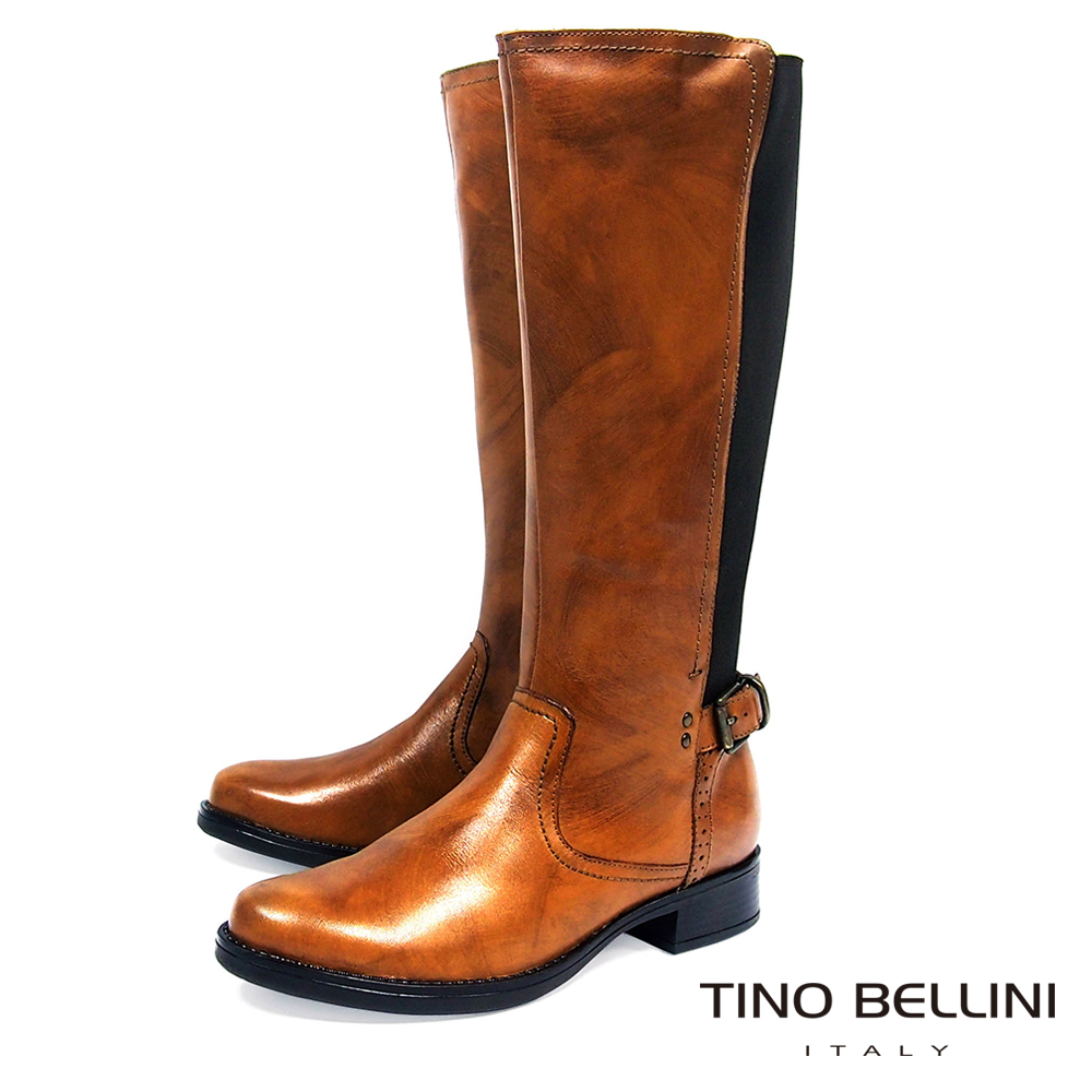 Tino Bellini 歐洲進口仿舊擦色拼接彈力布平底長靴_ 棕
