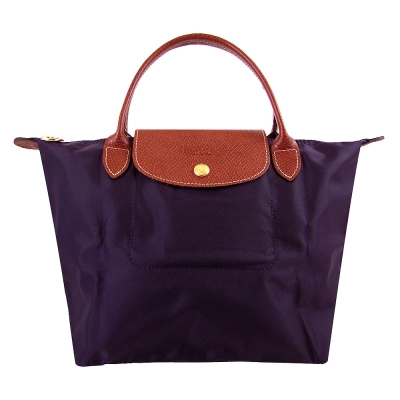 Longchamp短帶皮飾邊折疊水餃包(深紫色/小)