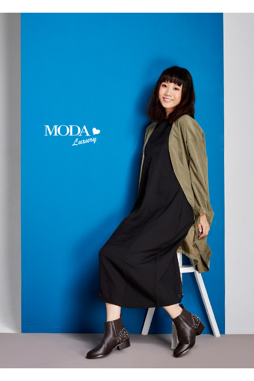 短靴 MODA Luxury 個性拼接鉚釘牛皮尖頭粗跟短靴－咖