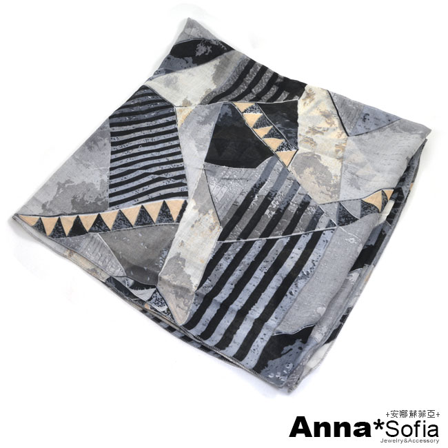 AnnaSofia 三角拼塊 拷克邊韓國棉圍巾披肩(灰黑米系)