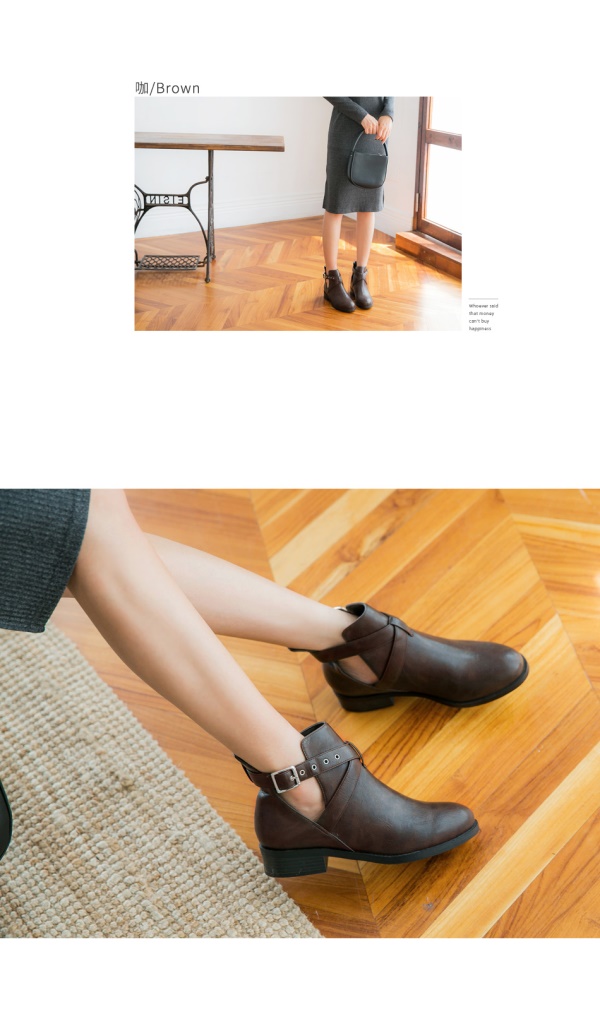皮帶釦環設計鏤空仿皮革短靴-OB大尺碼