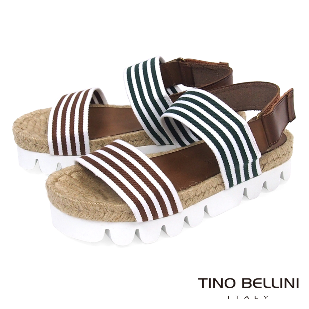 Tino Bellini西班牙進口文青條紋麻編厚底涼鞋_ 綠+咖