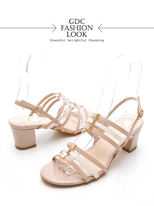 GDC-真皮春夏活潑色系低跟撞色涼鞋-米杏色