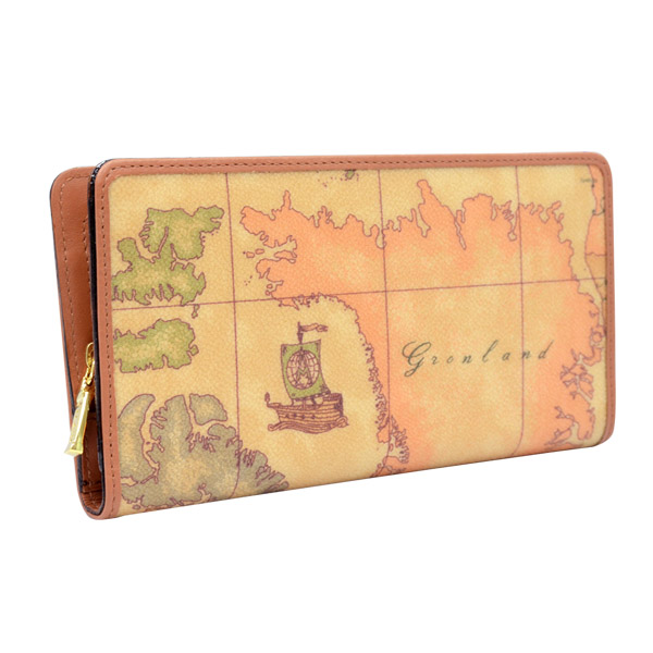 Alviero Martini 義大利地圖包 經典拉鍊9卡長夾-地圖黃