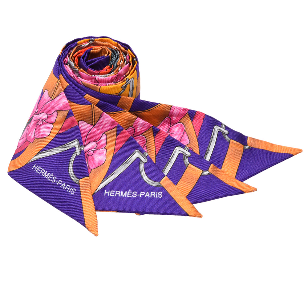 HERMES Grand Manege緞帶X皮帶圖案Twilly絲巾領結(橘X紫-一組)