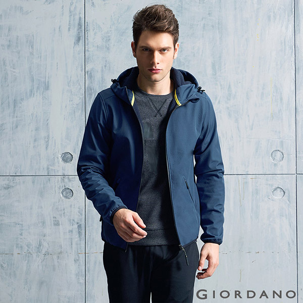 GIORDANO G-MOTION系列 防風保暖搖絨布連帽修身夾克 - 73 海軍藍