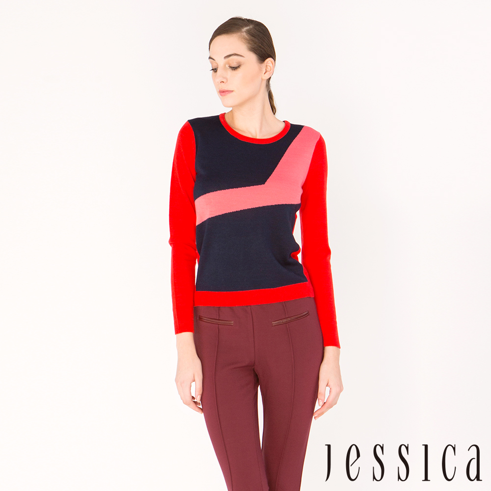 JESSICA-Ann 撞色復古幾何紋上衣(紅)