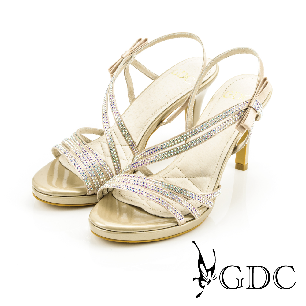 GDC-都會時尚水鑽寶石繞帶側蝴蝶高跟涼鞋-金色