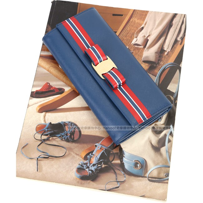 Salvatore Ferragamo 條紋蝴蝶結造型釦式長夾(藍色)