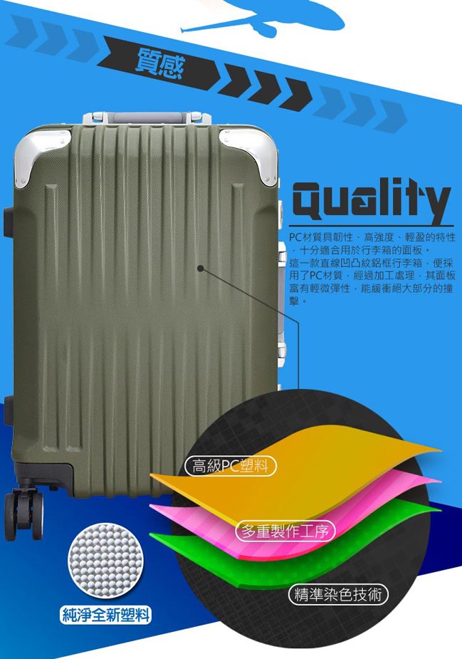 WALLABY 袋鼠牌 PC20吋直條凹凸紋鋁框行李箱-鐵黑色