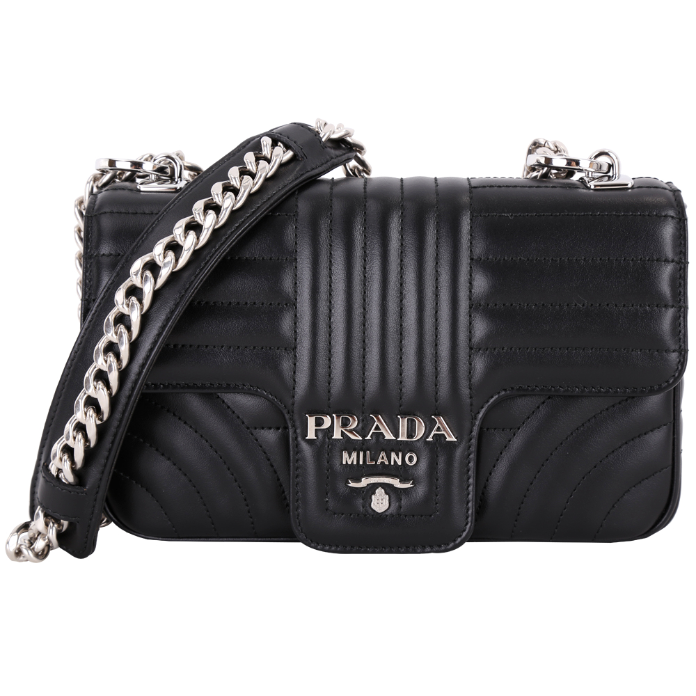 PRADA Diagramme 小款 絎縫小牛皮肩背鍊帶包(黑色)