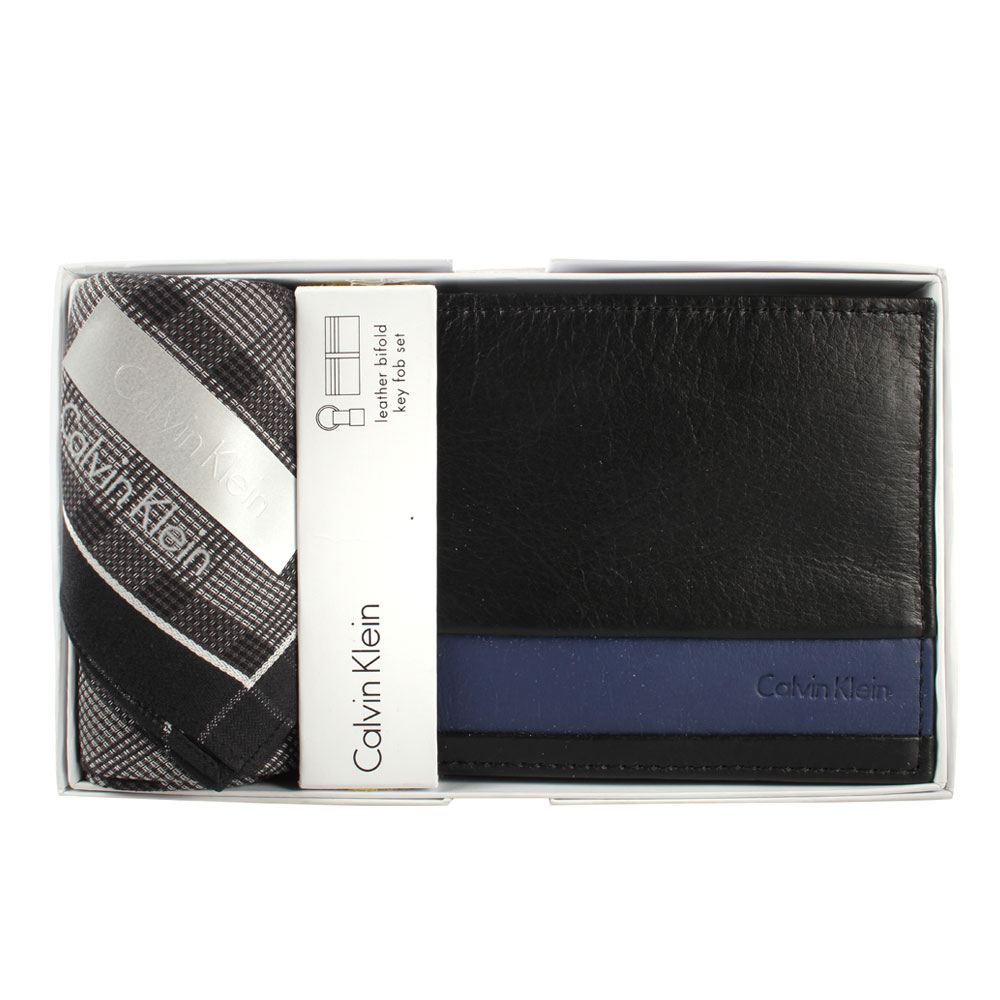 Calvin Klein 雙色橫紋皮革短夾格紋帕巾禮盒-黑色