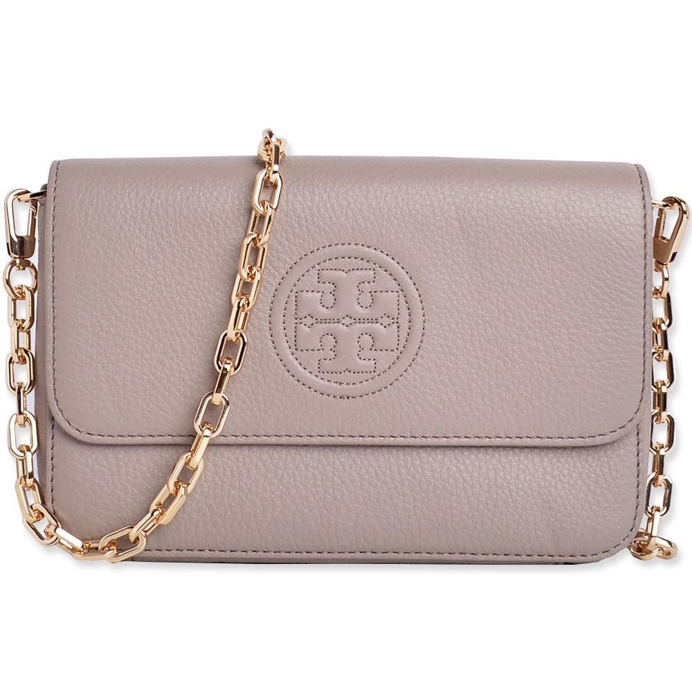 TORY BURCH BOMBE 全皮革縫線LOGO金屬鍊帶斜背包-灰