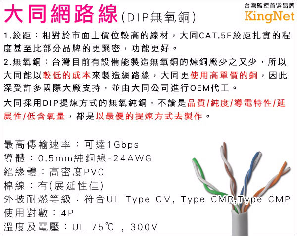 KINGNET 大同牌 監控佈線 CAT.5e 305M 網路線 防偽造雷射標籤