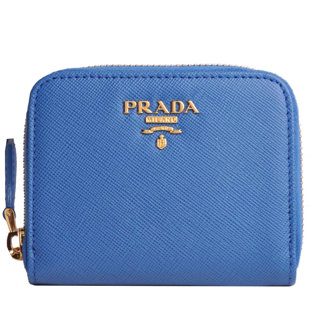 PRADA SAFFIANO 金色LOGO防刮皮革拉鍊零錢/信用卡機能夾(藍)