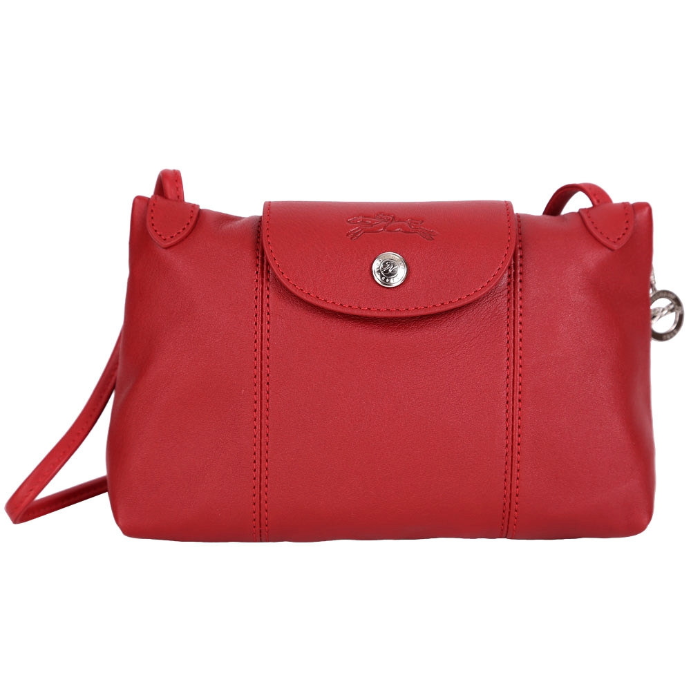 LONGCHAMP Le Pliage Cuir 小羊皮斜背包(深紅色)