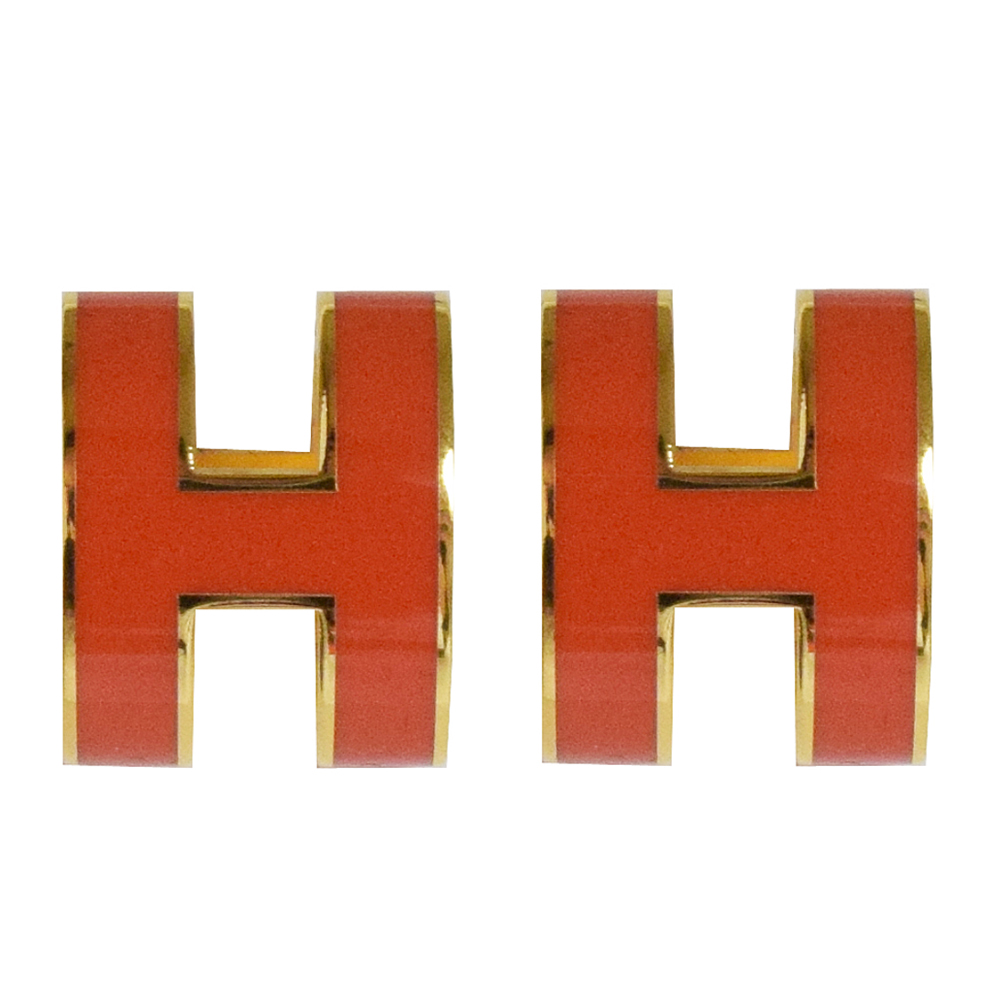 HERMES H POP款LOGO圓弧型耳針式耳環(橘/金)