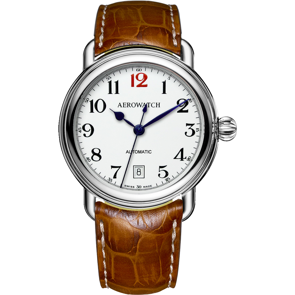 AEROWATCH 復刻紳士時尚機械腕錶-白x棕/40mm