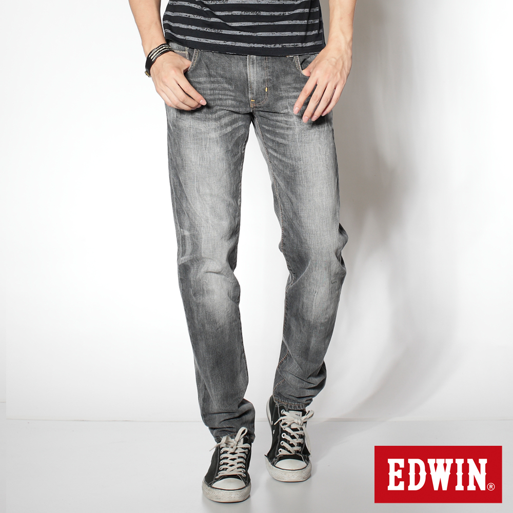 EDWIN 視覺刷色 B.T皮剪接純棉窄直筒褲-男款(灰色)