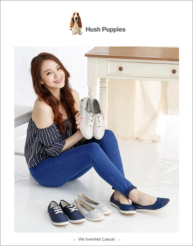 Hush Puppies 低奢緞面咖啡紗帆布鞋-深藍