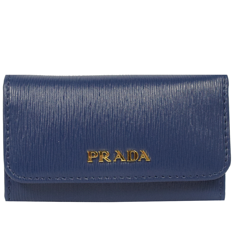 PRADA LOGO直條水波紋六孔鎖包(深藍)