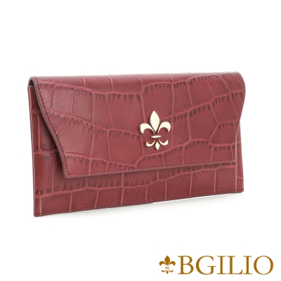 義大利BGilio - 牛皮鱷魚紋內袋可拆式長夾 棗紅色1477.328-25