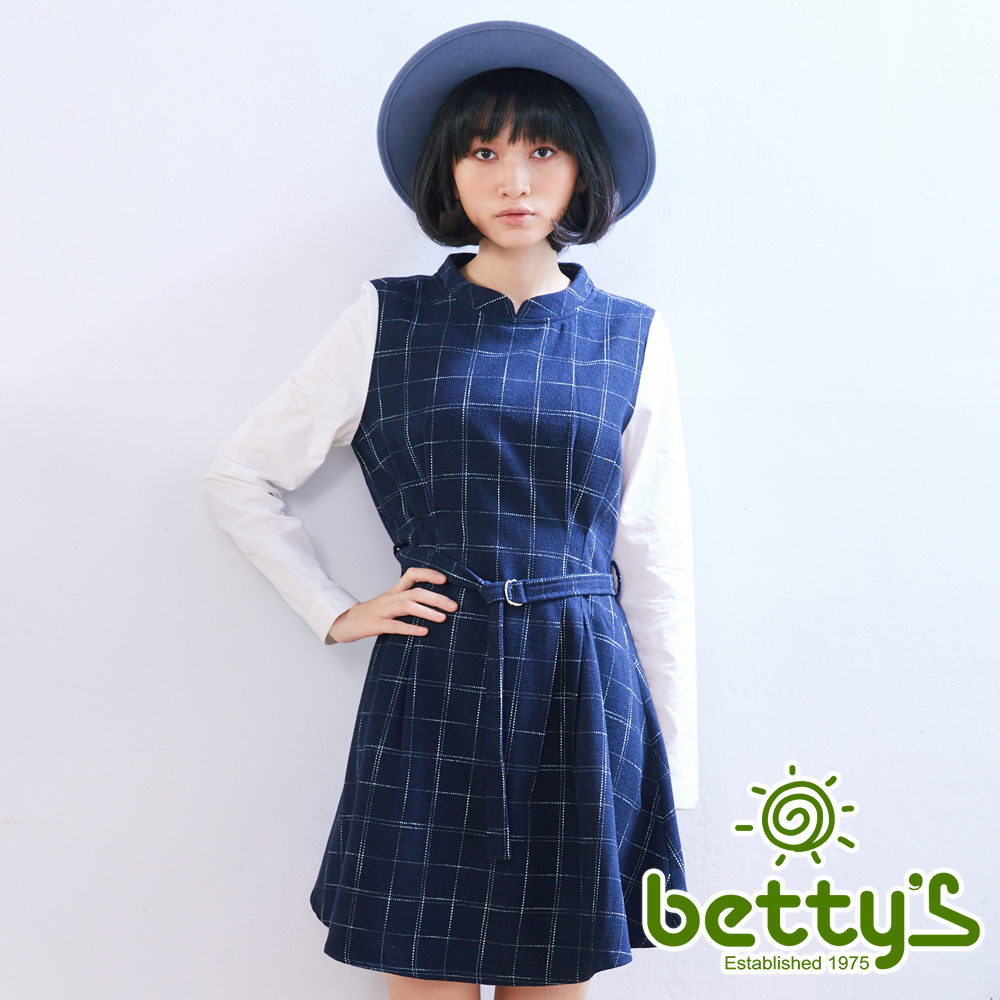 betty’s貝蒂思　優雅格紋假兩件式混羊毛洋裝(藍色)