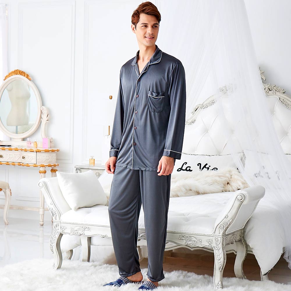 睡衣 彈性珍珠絲質 男性長袖兩件式睡衣(58202)深灰色-台灣製造 蕾妮塔塔