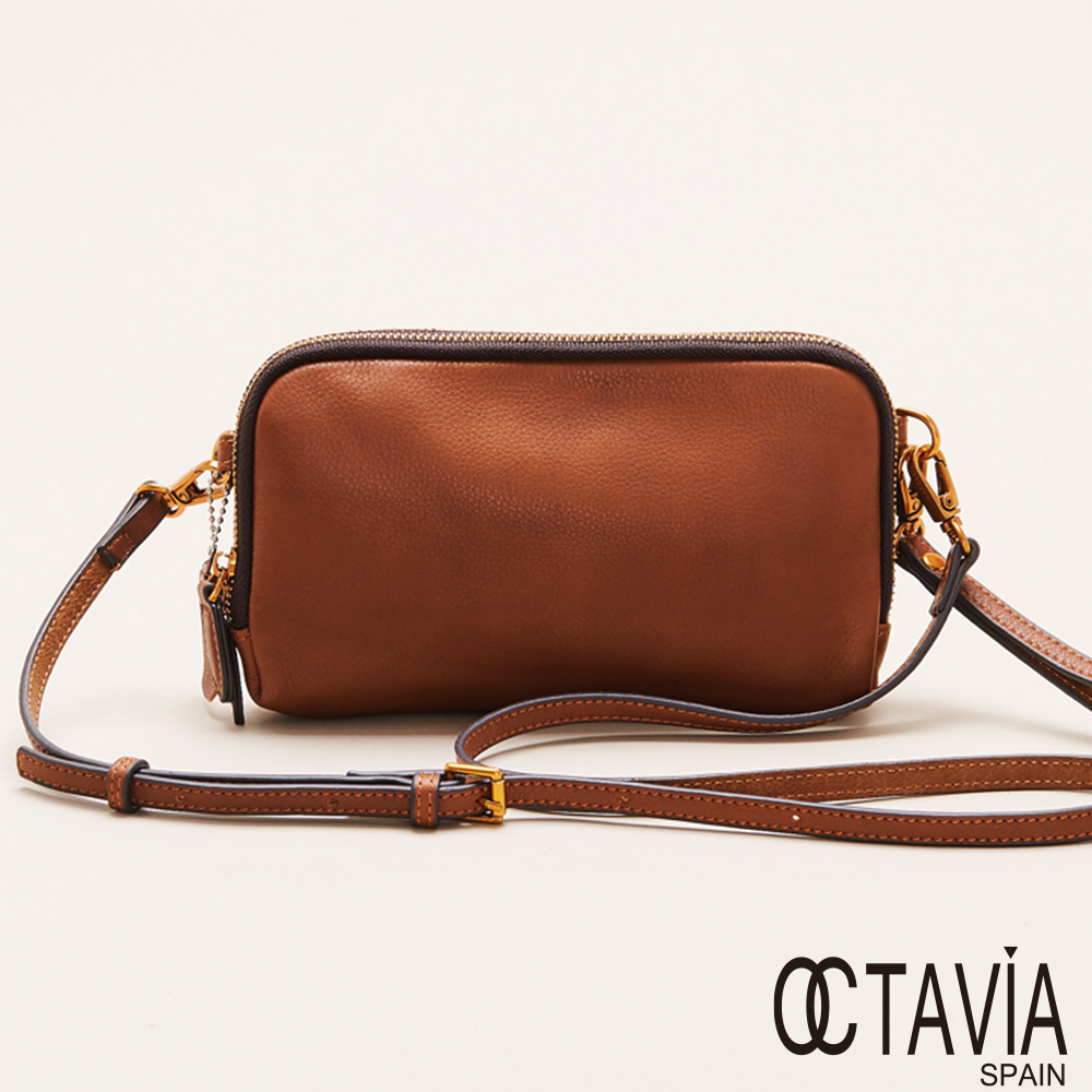 OCTAVIA 8真皮 - 雙層餅乾 皮夾式羊皮手拿斜背二用包 - 奶油棕