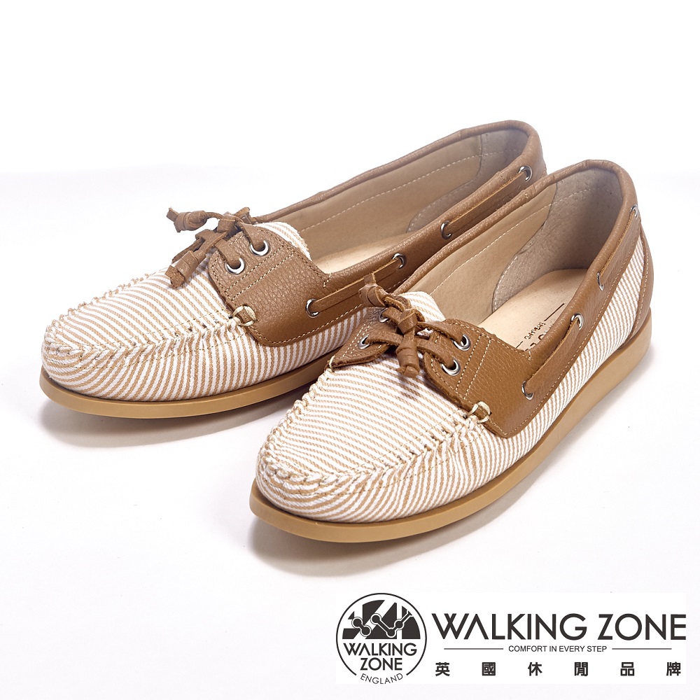 WALKING ZONE 夏日風情條紋假綁帶帆船鞋女鞋-卡其