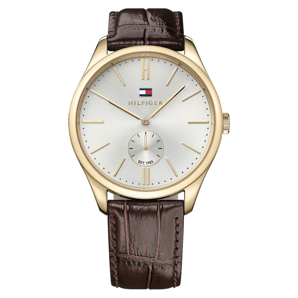 TOMMY HILFIGER Curis 小秒針紳士錶-銀x金框/44mm