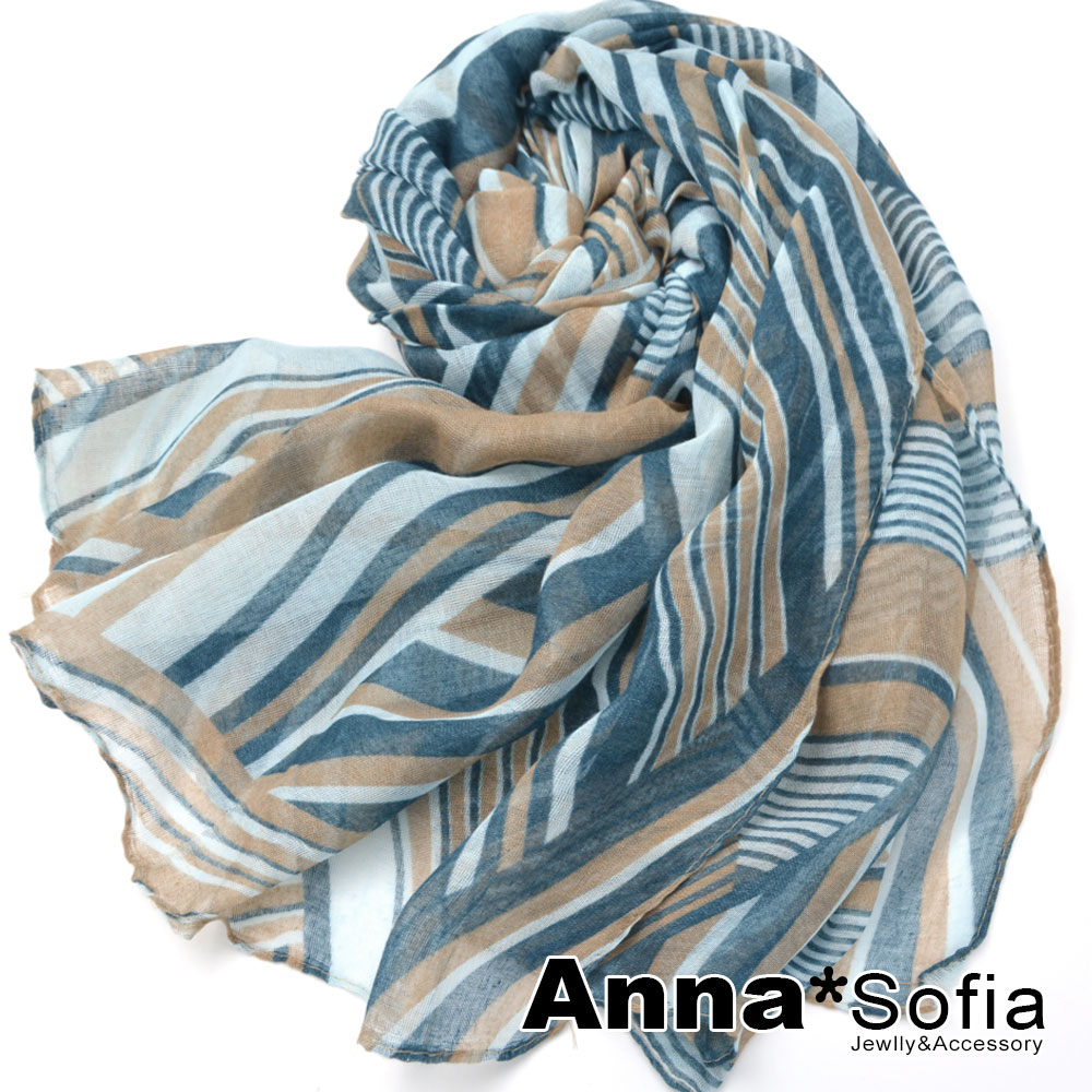 AnnaSofia 交錯彩條排紋 巴黎紗披肩圍巾(藍駝系)