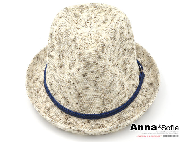 【滿額再75折】AnnaSofia 絮點藍辮帶 細線織紳士帽(杏黃系)