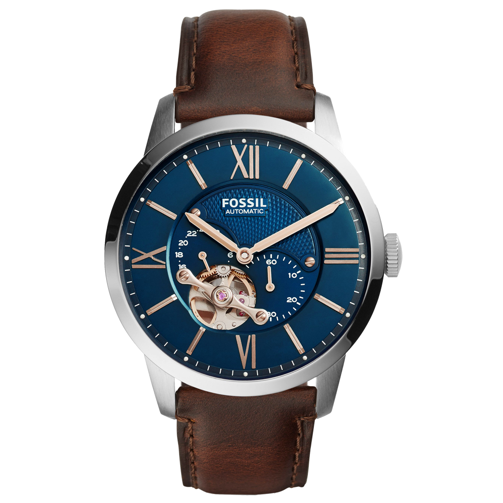 FOSSIL 日月傳承機械腕錶-銀框藍x咖啡色皮帶/43mm