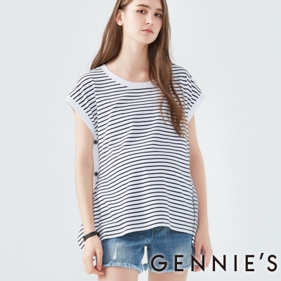 Gennies奇妮-造型鈕扣無袖上衣-(T3D05-藍白條)
