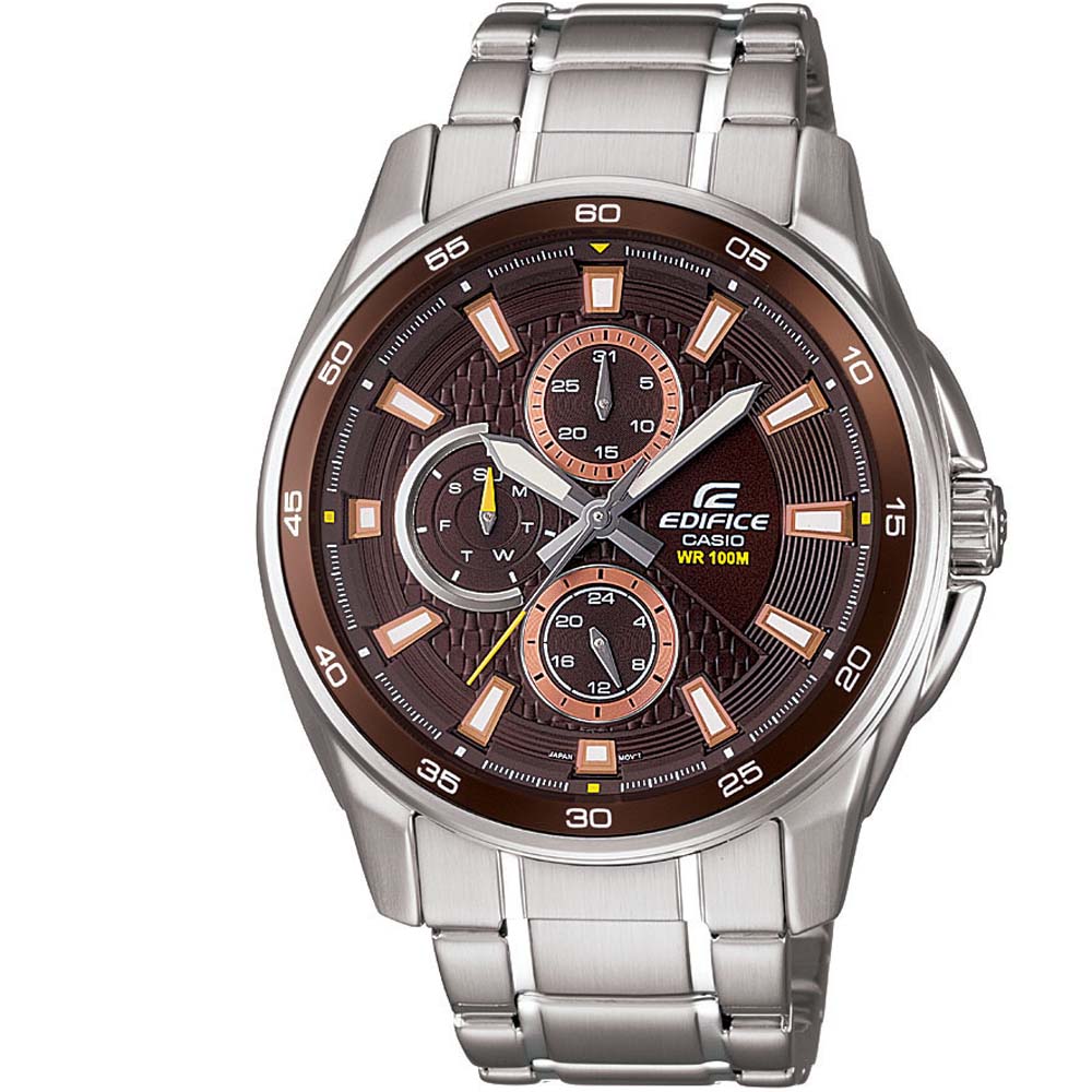 CASIO EDIFICE 城市三眼指針不銹鋼錶(EF-334D-5A)-咖啡面/43.9mm