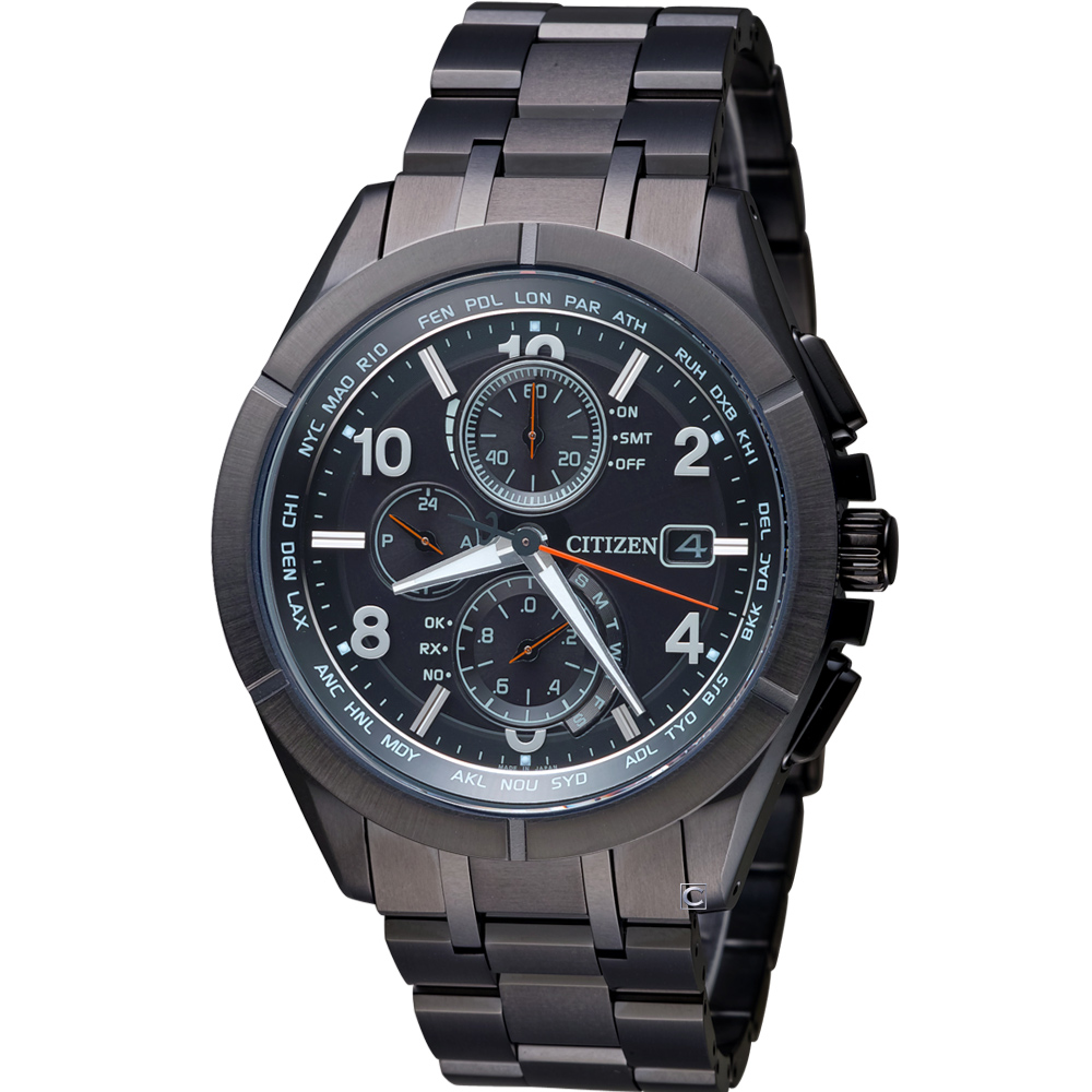 CITIZEN 星辰 時尚電波時計萬年曆鈦金屬腕錶(AT8166-59E)-黑41mm