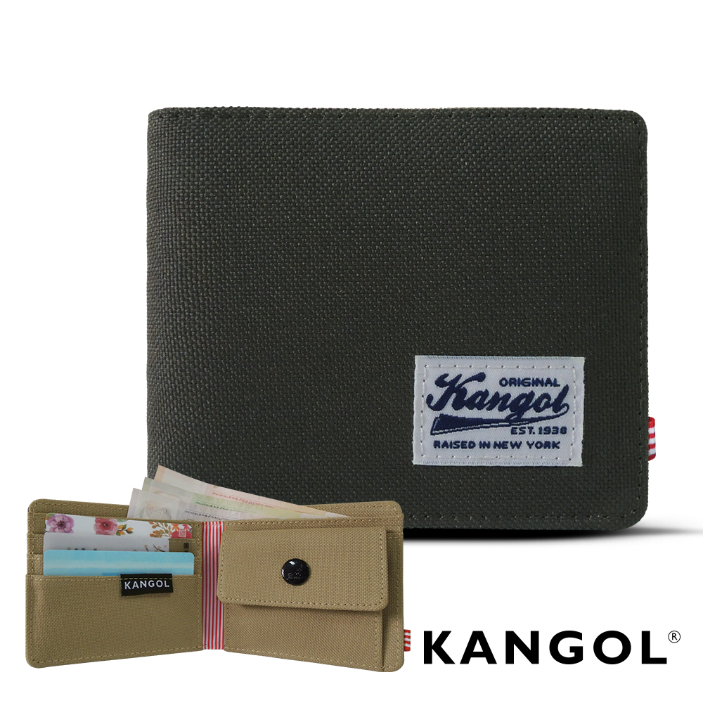 KANGOL 韓式潮流 多夾層/零錢袋橫式短皮夾+鑰匙圈禮盒-帆布拼貼灰