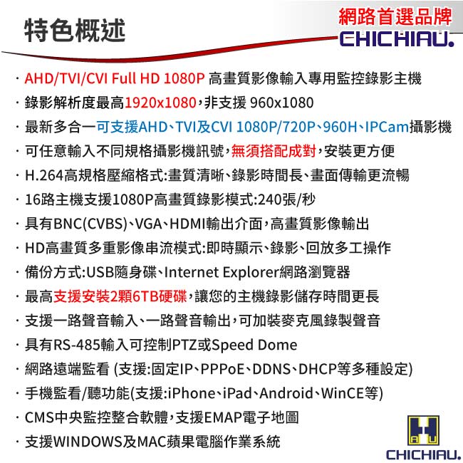 奇巧 16路AHD 1080P台製iCATCH數位高清遠端監控錄影主機-DVR