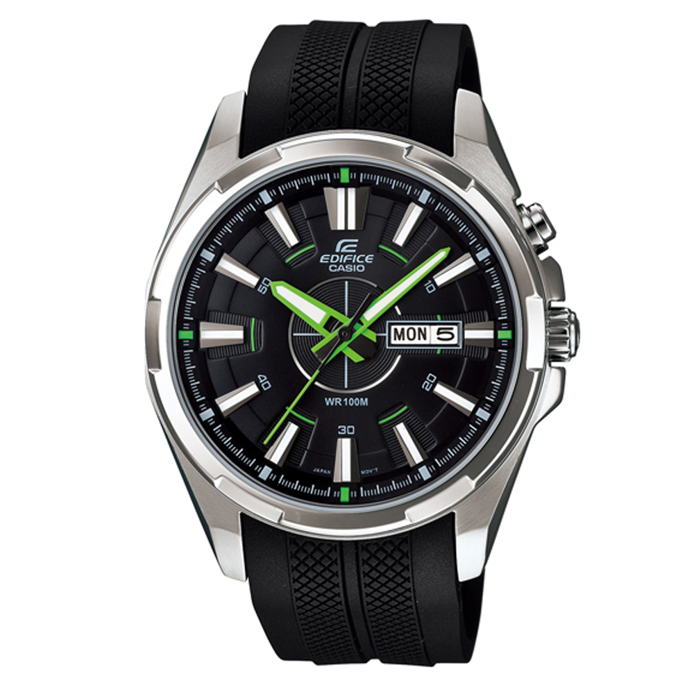 EDIFICE 俐落時尚感LED三針腕錶-黑x綠時刻/43.6mm