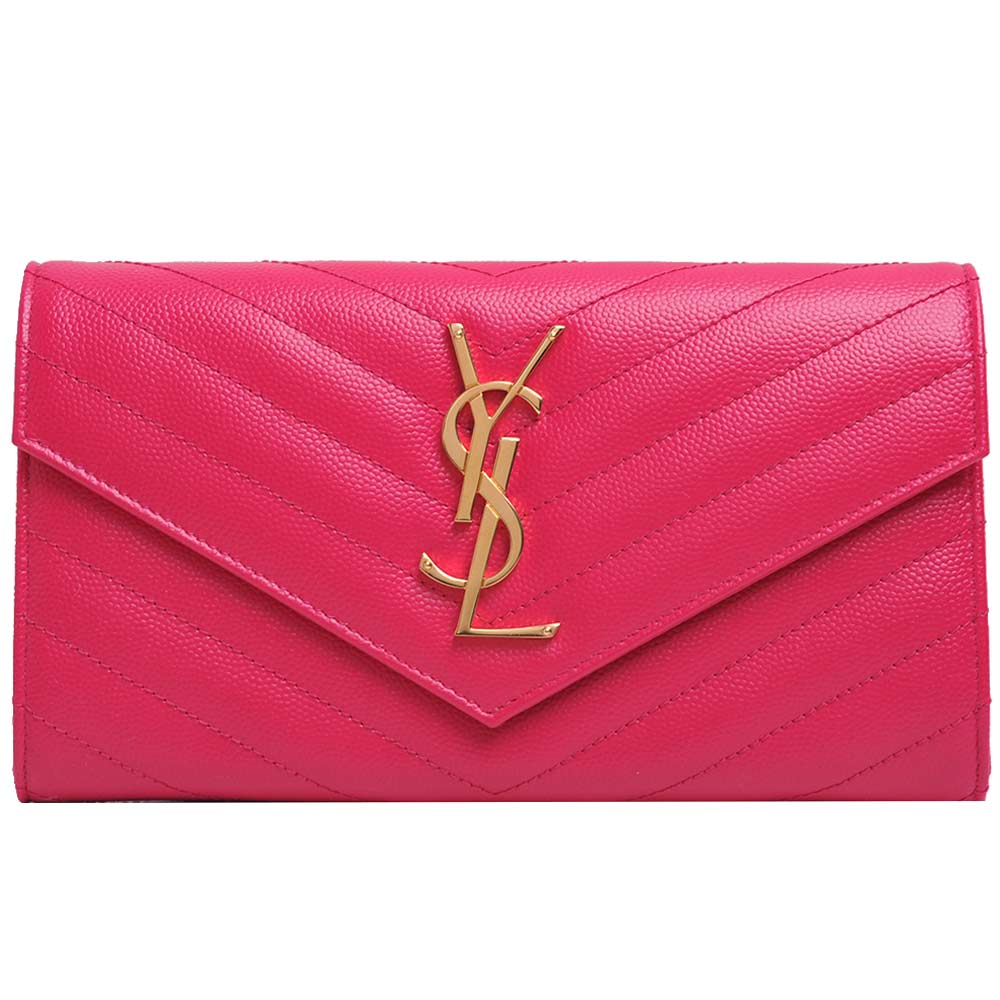 YSL Saint Laurent MONOGRAM 斜壓荔枝皮紋扣式手拿包/長夾(桃紅)