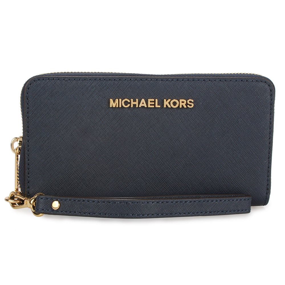 MICHAEL KORS 金色LOGO防刮皮革萬用皮夾手機包-深藍