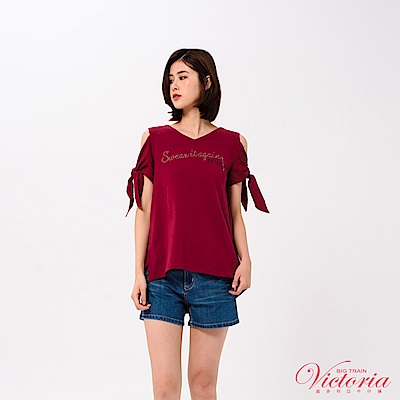 Victoria 綁帶袖變化挖肩短袖T-女-暗紅
