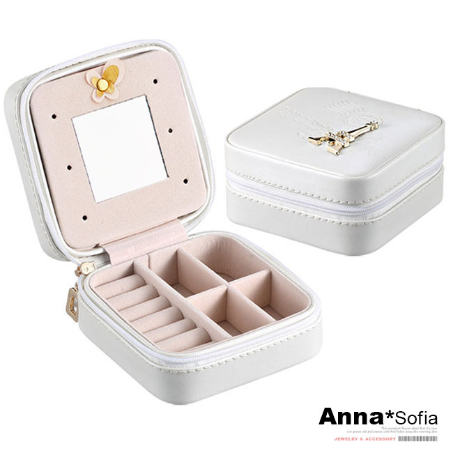 AnnaSofia 攜帶小方型拉鍊式 珠寶盒飾品盒首飾盒(珠白-郵戳鐵塔)