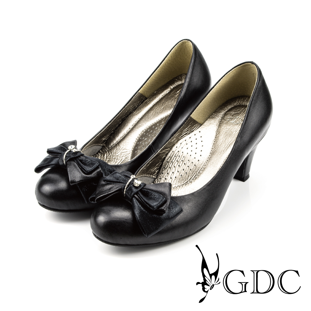 GDC-質感水鑽蝴蝶結牛皮粗低跟鞋-黑色